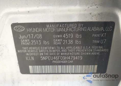 2009 Hyundai Sonata Se V6 из США, поврежденный, VIN 5NPEU46F09H479419